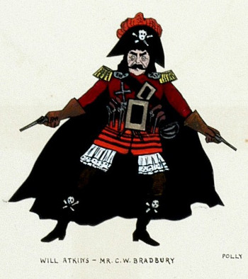 Detail from page 29 of a theatrical scrapbook compiled by Jonathan Cleveland Milbourne, showing costumes from “Robinson Crusoe” (1886).