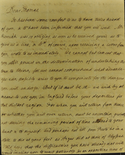Letter from Thomas Manning’s father, Rev William Manning, 1803