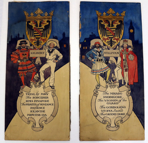 Original painted promotional panels by H.M. Brock, featuring characters from The Yeomen of the Guard, The Pirates of Penzance, H.M.S. Pinafore and Iolanthe. 