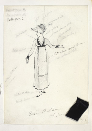 Costume sketch for Rose Maybud in Ruddigore by W.S. Gilbert (1836-1911).