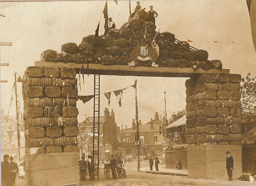 Decorative arch, made from cotton bales, as part of the Preston Guild