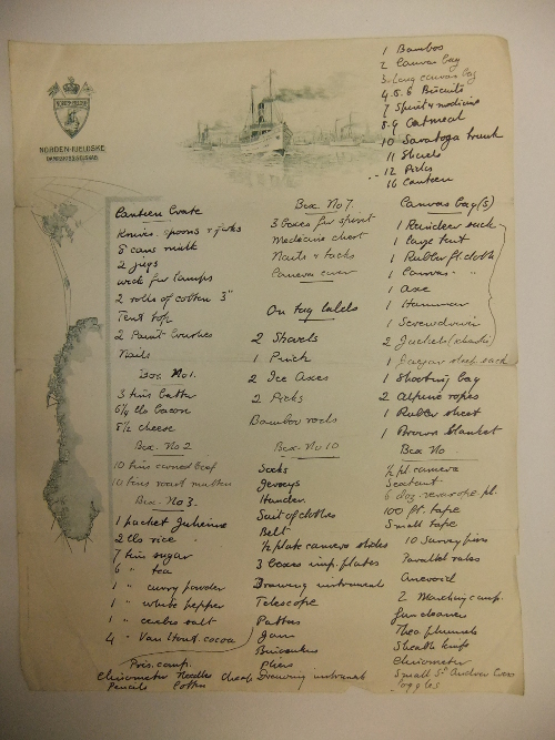 List of equipment and stores made by Bruce for an expedition to Spitsbergen