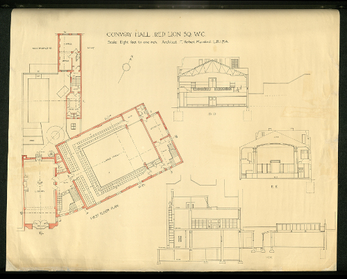 Plan of Conway Hall, first floor plan of hall and library