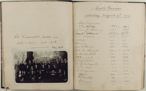 The Reunion Book of the Canterbury Cathedral Old Choristers is, to this day, a record of those who attend annual reunions of the Old Choristers Association. This page includes a photograph of those who attended the reunion in 1915, the last reunion until the end of the First World War (CCA-U166/F/2)