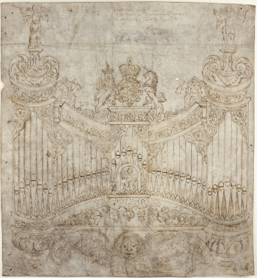 1662 drawing of the Great Organ by Lancelot Pease, organ builder (CCA-DCc/Fabric/8/4)