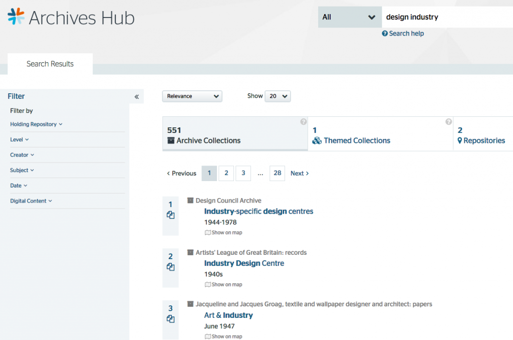 screenshot of Archives Hub search results