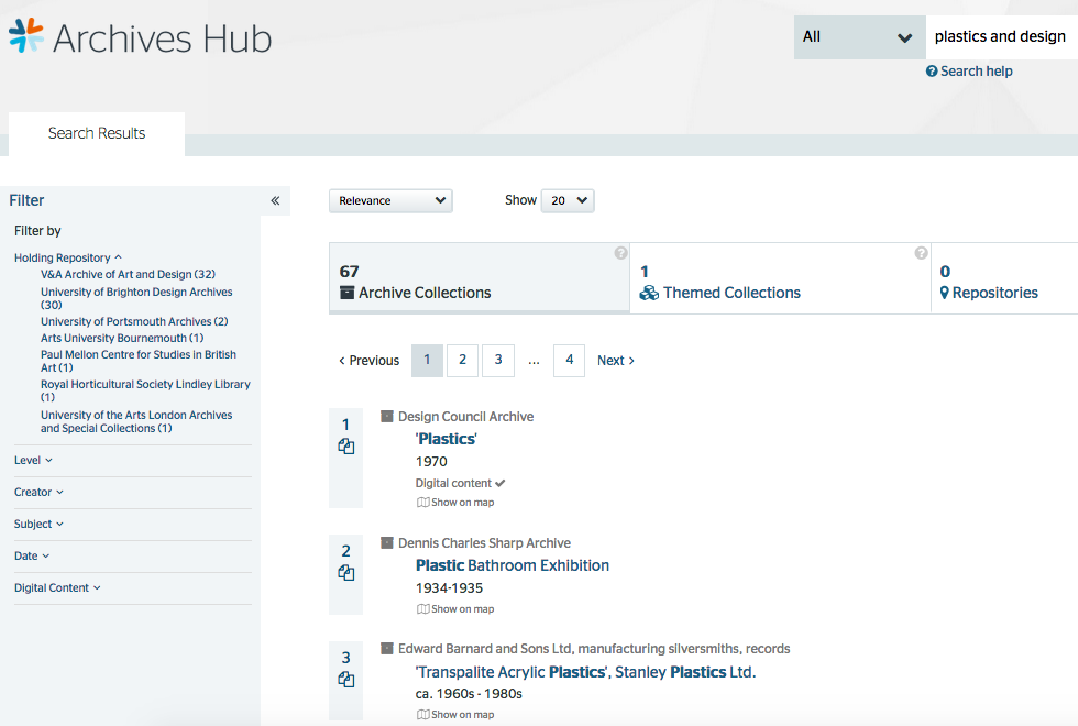 screenshot of Archives Hub search results