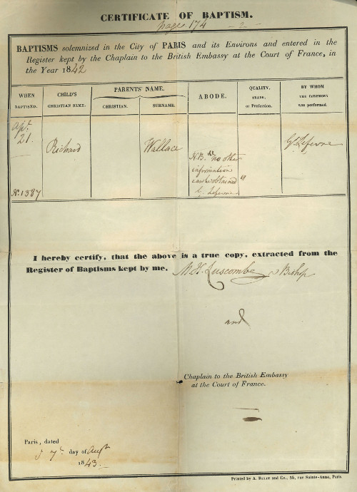 Certified copy of certificate of Baptism for Richard Wallace, 7 August 1843 © The Wallace Collection.