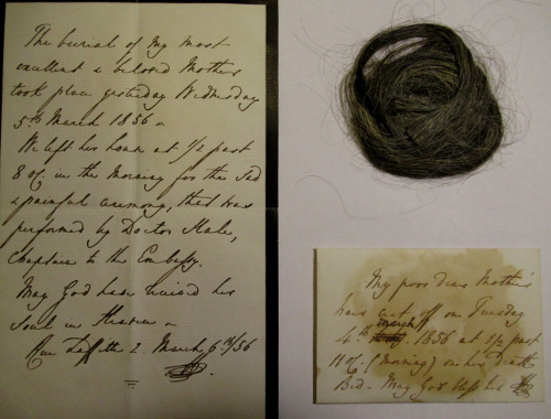 A lock of hair cut by Richard Wallace on the death of the 3rd Marchioness Maria Fagnani, with a note and envelope, 4 March 1856 © The Wallace Collection.