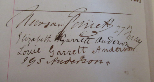 The Hertford House Visitors Book, showing the signature of Elizabeth Garrett Anderson who visited in 1883 with her father, husband and daughter Louise Garrett Anderson © The Wallace Collection.