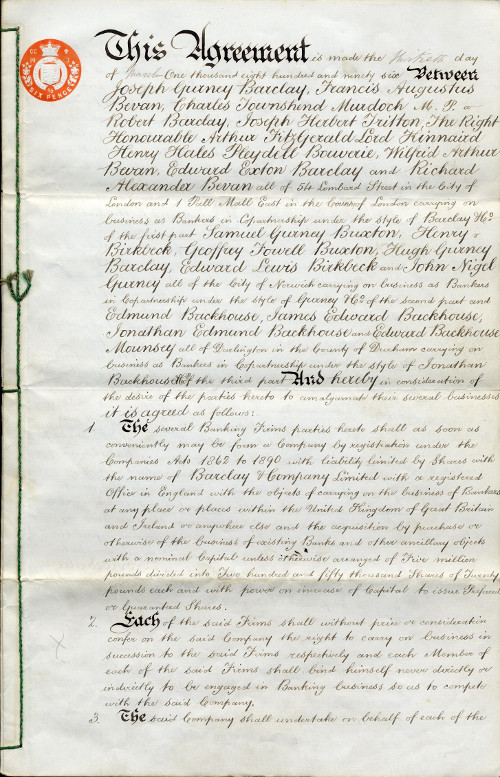 Signed agreement for the amalgamation of Barclays, Gurneys and Backhouses, 1896