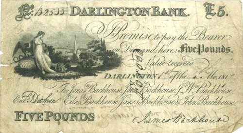Forged £5 note, 1817: the Darlington bank was a victim of a gang of forgers in that year.