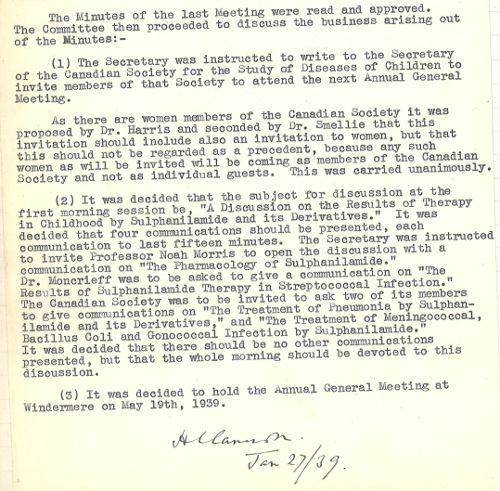 Minutes of a meeting of the Executive Committee discussing whether to invite female members of the Canadian Paediatrics Society to a joint meeting in London, 1938 [archive reference: RCPCH/004/002/006]