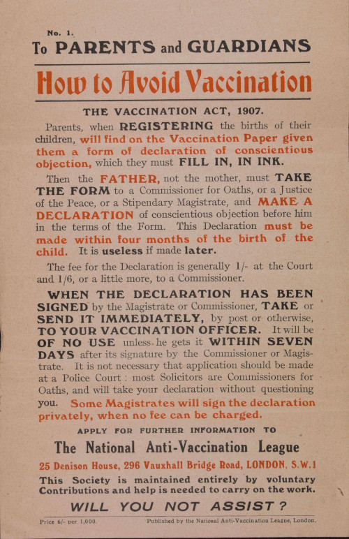 Flyer published by the National Anti-Vaccination League, 1920s.