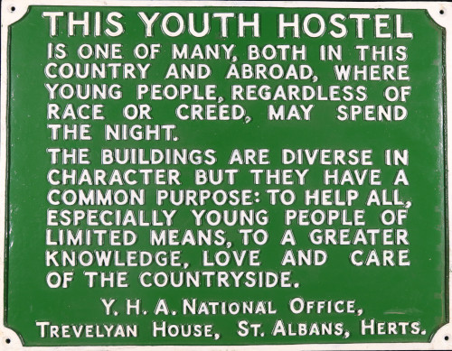 YHA rectangular green and white cast iron objectives sign, 20th century. Ref YHA/OB/3/5.