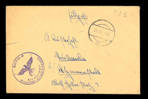 Front of envelope, containing letter from Poland (1942), sent by Emmerich Menzner, SS Oberreiter.