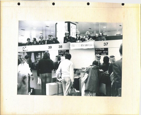 Skytrain check-in desk at Gatwick Airport, c1977. Laker 2/6/27.