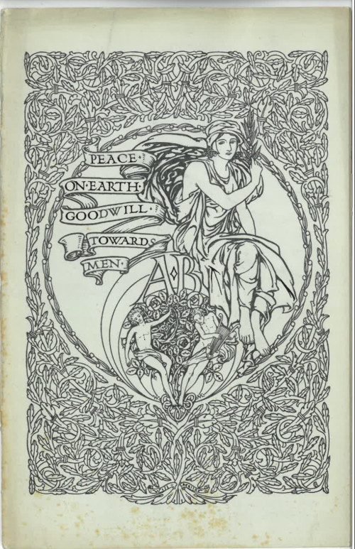 Black and white illustration of Ancoats Brotherhood programme cover, featuring inscription 'Peace on earth, goodwill towards men'.