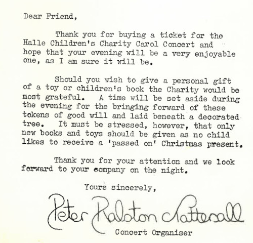 Letter to ticket holders for a Hallé Children's Charity Carol Concert, including appeal for children's Christmas presents, from the Concert Organiser. 1960s.